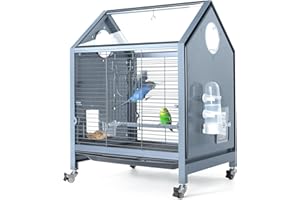 OIIBO Acrylic Bird Cage, 25 Inch Deluxe Rolling Bird Cage with Acrylic Panel Medium Bird Cage Kit with Bird Feeders, Water Bottle, Perch for Parrot Conures Lovebirds Finches Canaries Parakeets