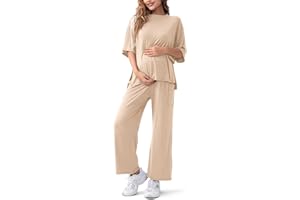 QUNISY Maternity Lounge Set 2 Piece Outfits Matching Short Sleeve Top Adjustable Long Pants Pregnancy Summer Loungwear