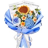 Hlenbin Crochet Flowers Bouquet, Crochet Sunflower Rose Bouquet for Mother's Day, Father's Day, Graduation, Anniversary, Birthday, Gifts for Mom, Dad, Friends, Teachers, Blue