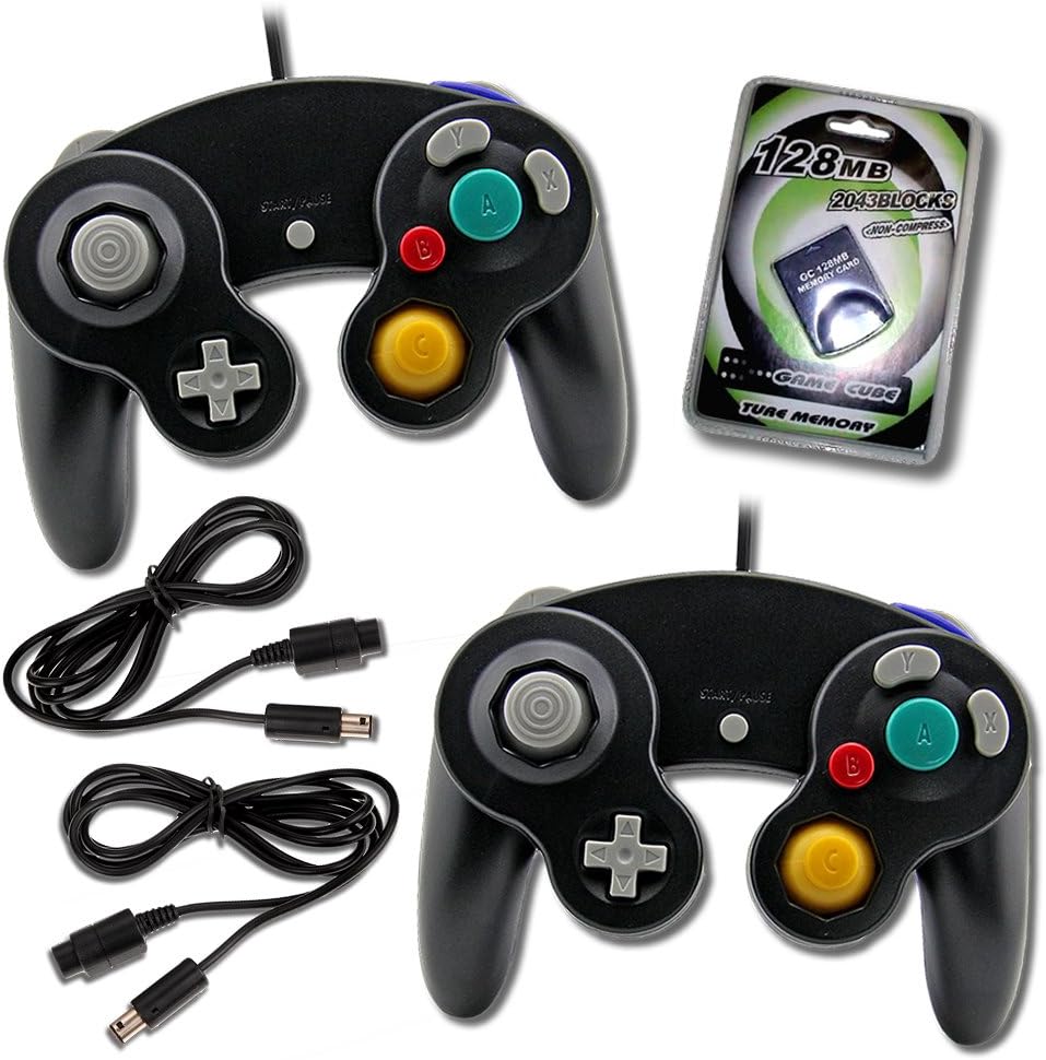 Gamecube Controller (2 Pack) Bundle with 2 Wired Controllers, Extension Cords and 128MB Memory Card - Nintendo Gamecube Controller Official Bundle Pack by EVORETRO