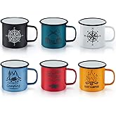 E-far Enamel Camping Mug Set of 6, 16 Ounce Metal Enamel Coffee Tea Cups for Outdoor Camping Hiking Backpacking Kids, 2-Sided Unique Graphic Design & Large Size - Colourful