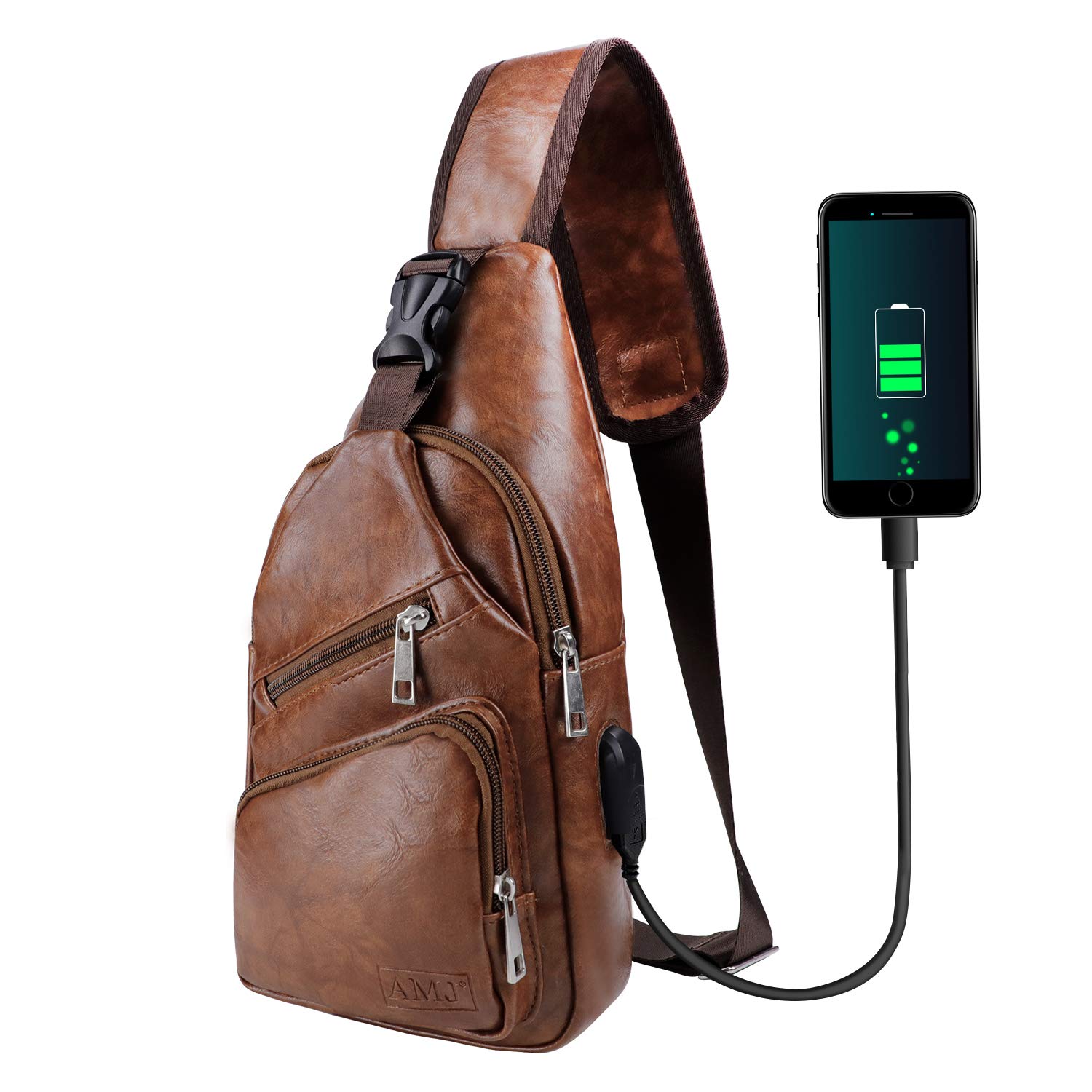 Photo 1 of AMJ Crossbody Sling Bag Men Women, Casual Shoulder Backpack, Chest Daypack Satchel for Hiking Travel (Small, Khaki-Leather)