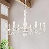 White Farmhouse Chandelier 8 Lights 31.5” Large Distressed Wood French Country Chandelier for Dining Room Chandelier Candle P