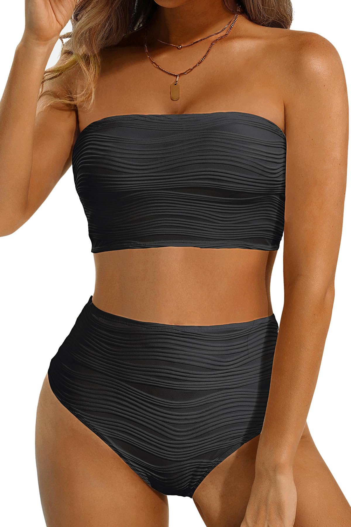 Photo 1 of High Waisted Bandeau Bikini Set - Women Strapless Two Piece Swimsuits Ribbed Longline Full Coverage Bathing Suits Swimwear Black