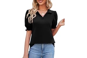 Micoson Womens Short Sleeve Polo T Shirts V Neck Casual Collared Tops Puff Sleeve Work Tunic Blouses