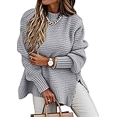Womens Side Split Sweaters Waffle Chunky Cable Knitted Turtleneck Pullover Long Lantern Sleeve Loose Jumper Tops
