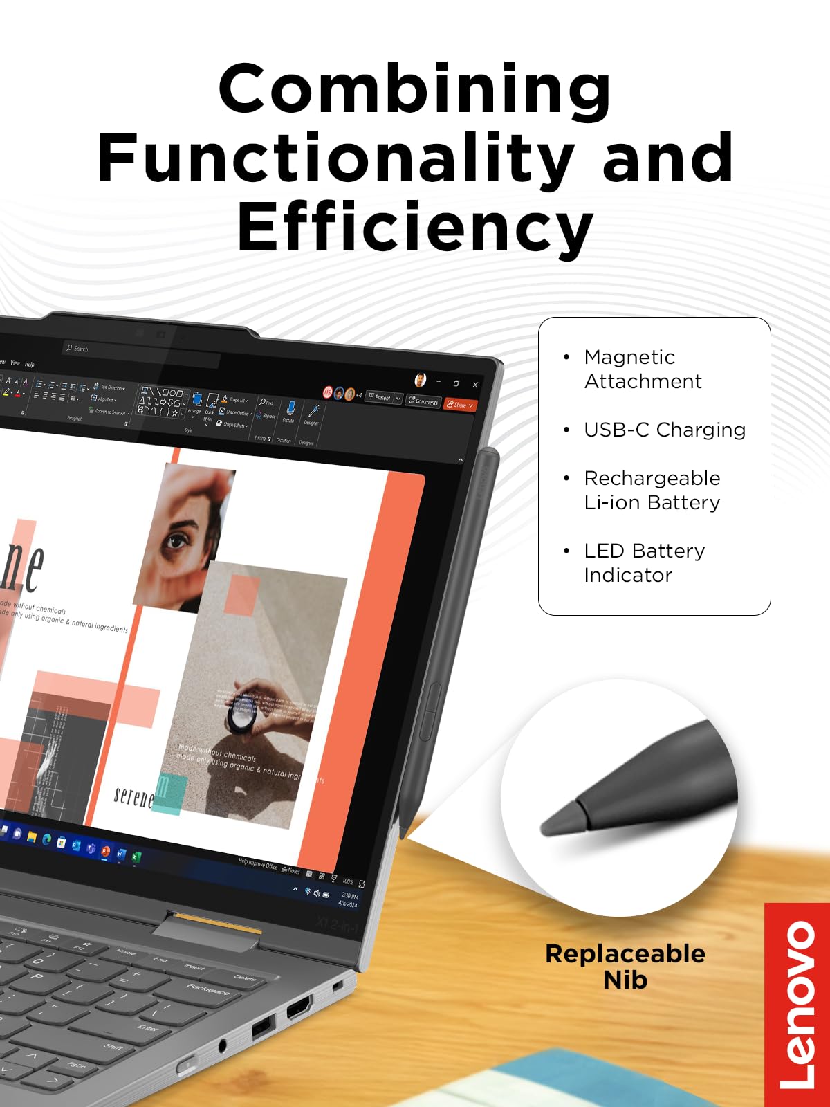 Lenovo Yoga Pen, Rechargeable Stylus for Lenovo Yoga, ThinkPad, ThinkBook, and Chrome, USB-C Charging, Magnetic Attachment, Replaceable Nib, Multi-Protocol Support, Smooth Writing Experience