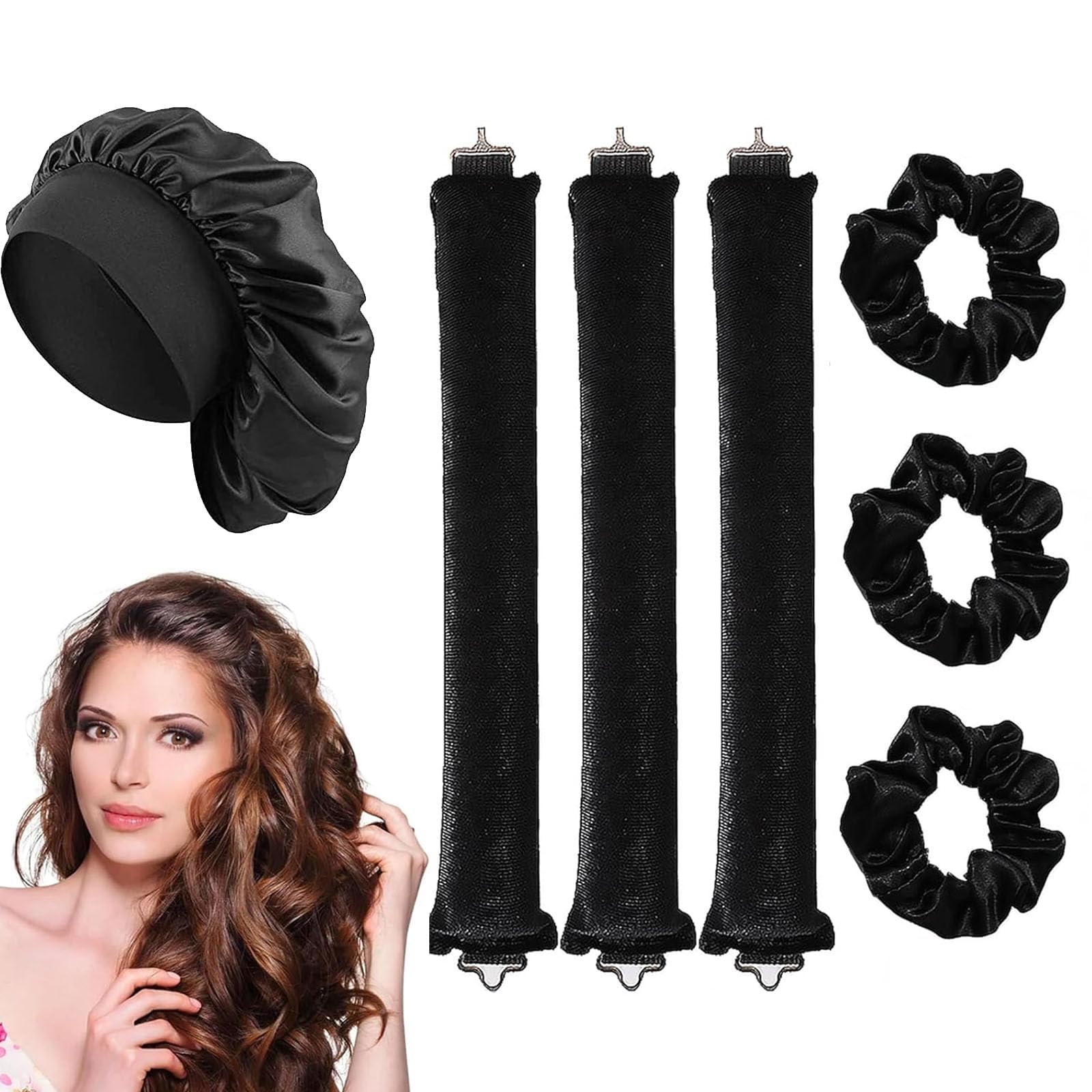 3Pcs Heatless Curlers, With 1pcs Shower Cap+3pcs Headband, Heatless Curling Rod for Long Hair, Heatless Overnight Blowout Rods, for Diy Hair Styling Tools, No Damage to Hair(Black)