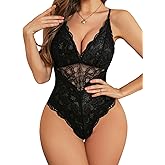 Aranmei Women's Sexy Lace Bodysuit Deep V Snap Crotch Teddy One Piece Lace Babydoll Lingerie