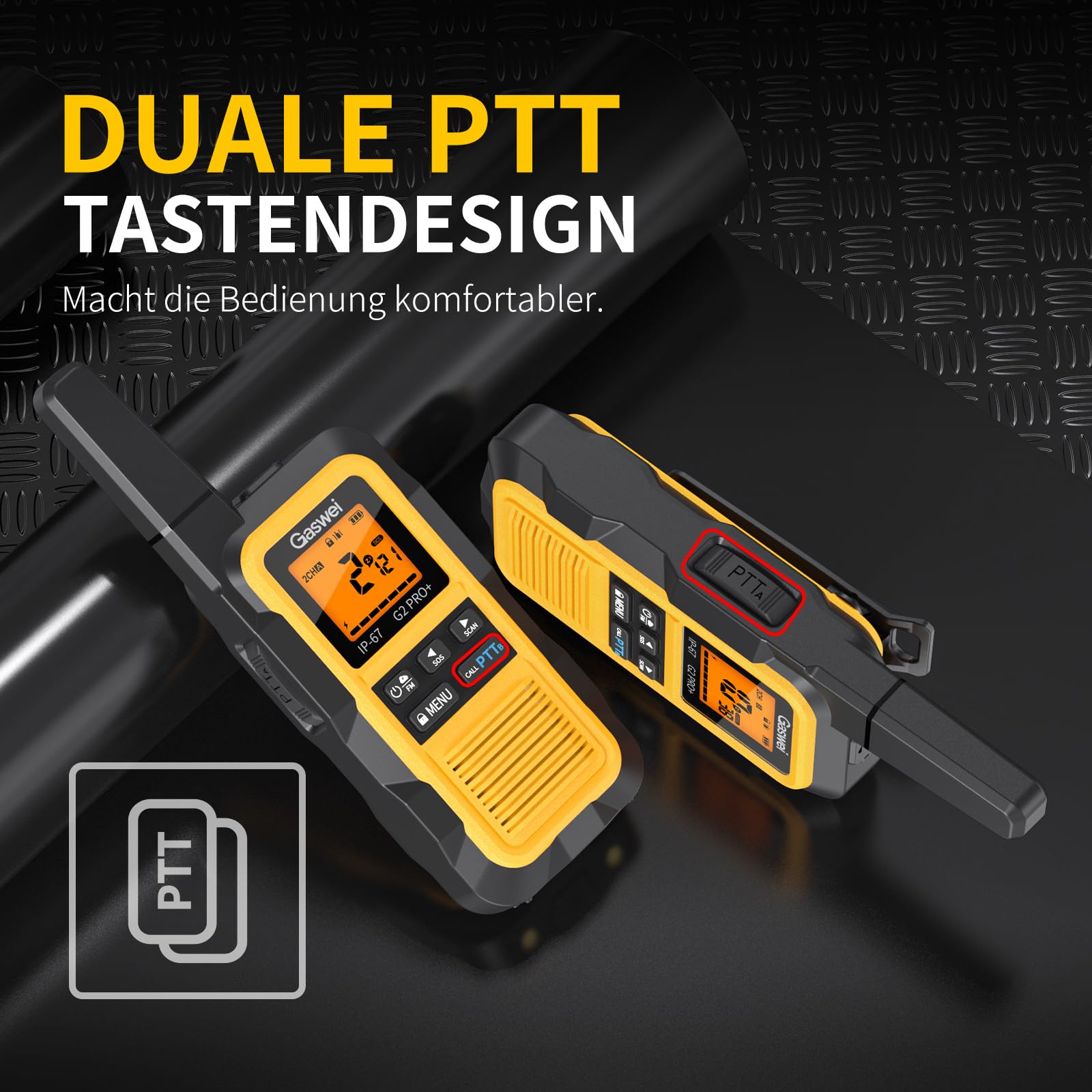 Gaswei G2Pro Professionelle Walkie-Talkies für Erwachsene [IP67 wasserdicht & schwimmfähig] Langstrecken-Funkgerät mit Doppel-PTT, VOX,SOS-Alarm,FM-Radio + Akku für Outdoor, (2er-Set in Gelb) 5