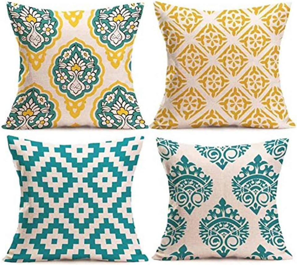 MELOODY Western Modern Yellow Throw Pillow Case Covers Blue Square Cotton Linen Home Decorative Couch Sofa Zippered Cushion Pillow Covers 18 x 18 Inch Set of 4