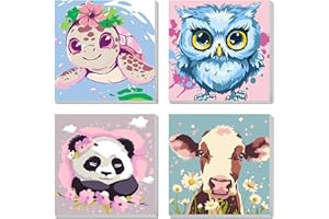 AILIBUT 4 Pack Animal Paint by Numbers Kit for Kids Age 4-12, Framed Canvas Paint by Number Animals Drawing Kit, Color by Number for Beginners, 8x8 Inch