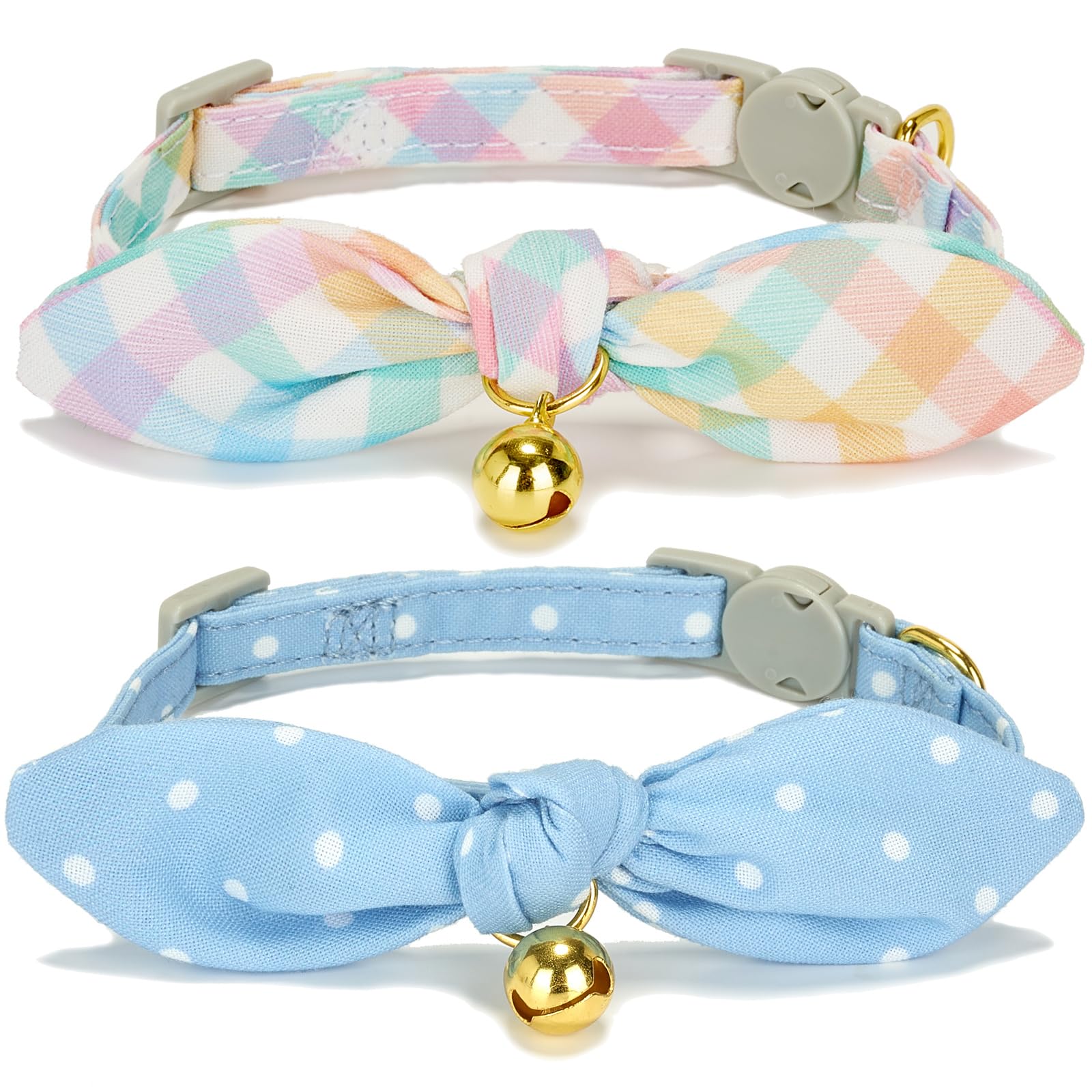 YUDOTE Soft Cotton Cat Collar with Removeable Hand-tied Bowtie,Pack of 2 Kitty Collars with Safety Quick Release Buckle and Bell,Blue Dot,Colorful Grid Patterns