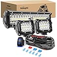 Nilight 12 Inch 300W Triple Row Spot Flood Combo 2 PCS 4 inch 60W Led Pods Flood Boat Lights Driving Fog Lights Work Light for Trucks With 16AWG Off Road Wiring Harness- 3 Leads