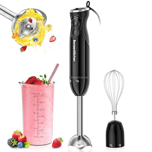 Bonsenkitchen Immersion Blender Handheld, 12-Speed and Turbo Hand Blender Electric with Sharp Blades, 3-In-1 Hand Held Stick Mixer with Egg Whisk, 24oz Beaker for Soups, Smoothies, Sauce