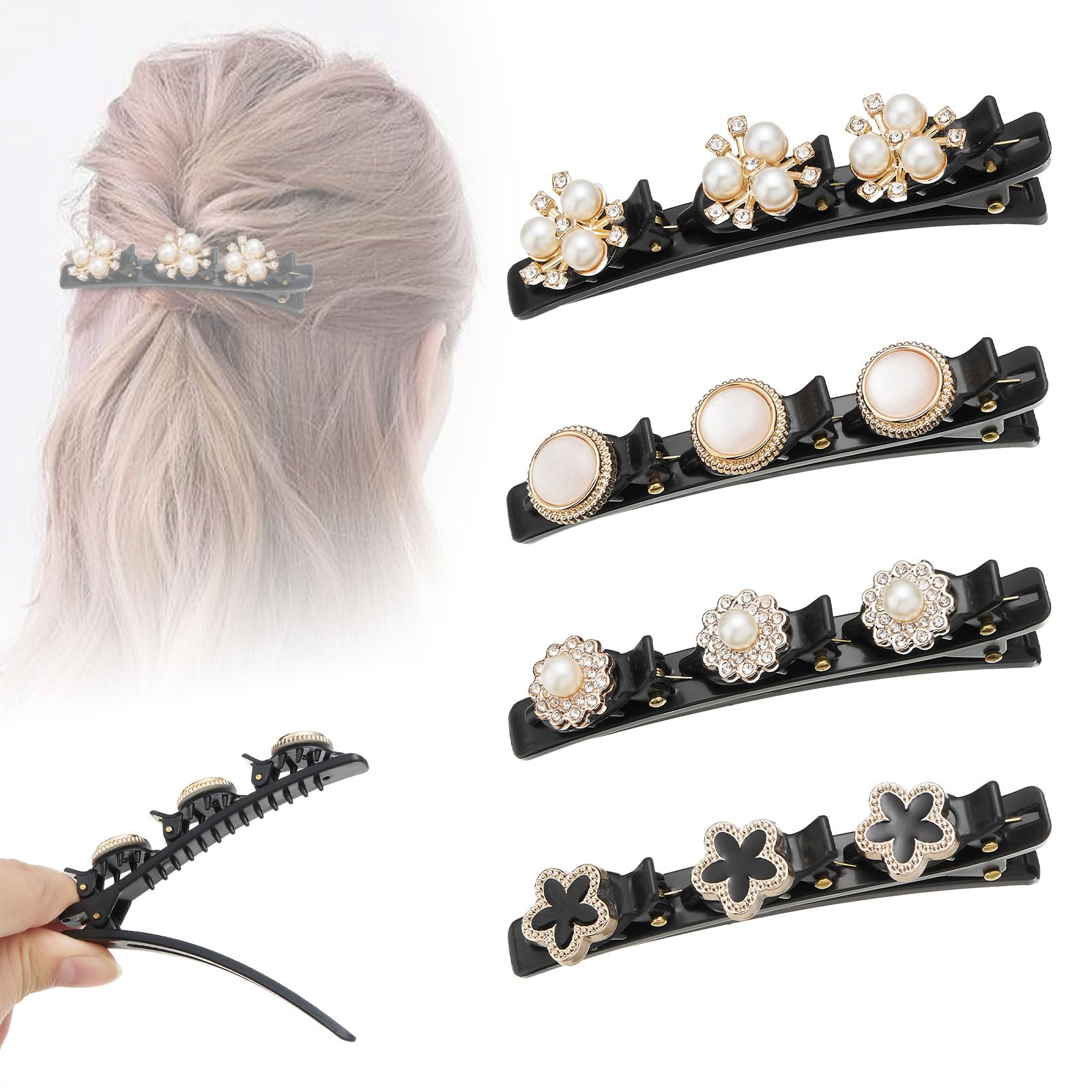 ZOUIQSS 4 Pcs Elegant Floral Braided Rhinestone Hair Clips, Sparkling Crystal Stones, Double Layer, All Hair Types, 4 Count
