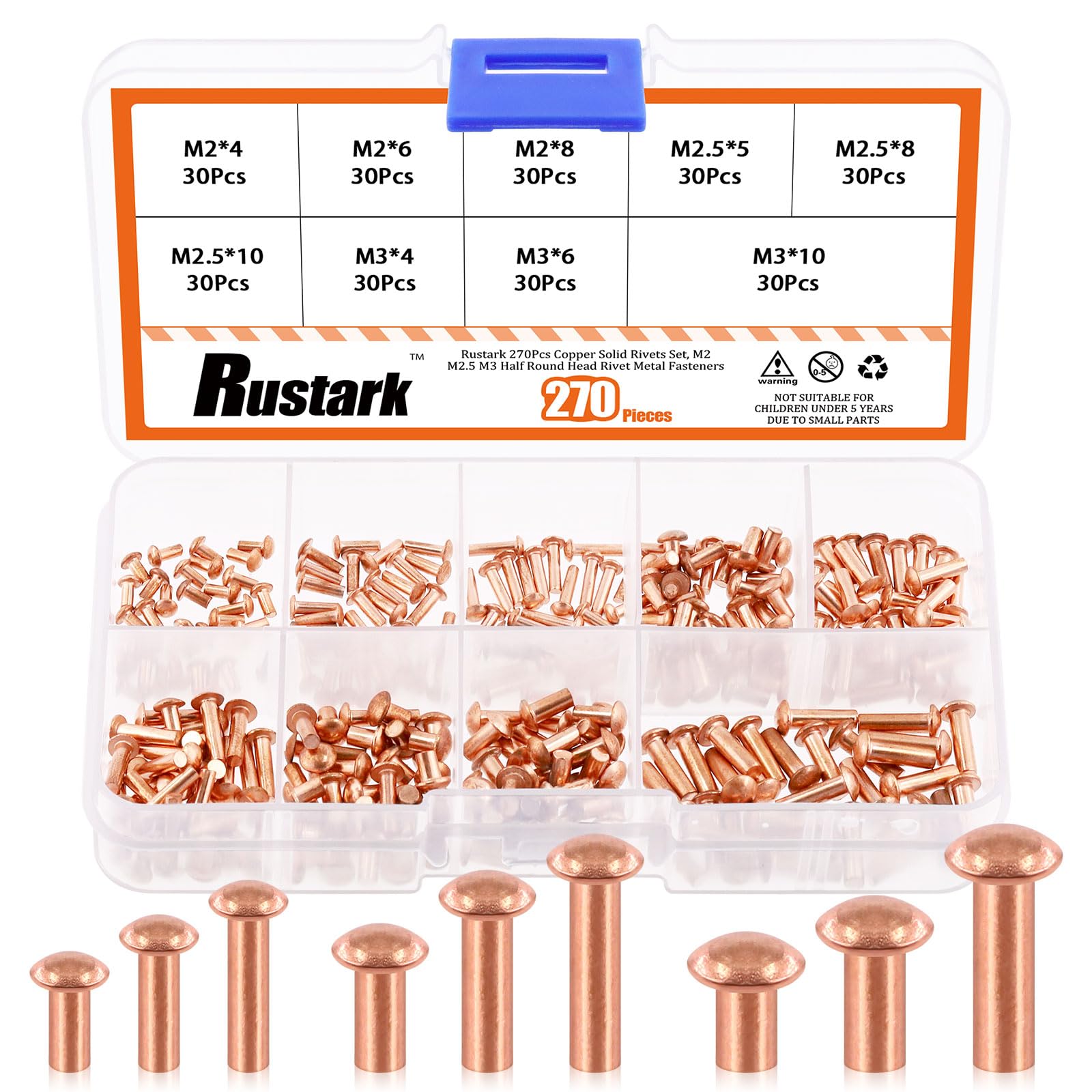 Rustark 270Pcs M2 M2.5 M3 Copper Solid Rivets Round Head Copper Rivet Metal Fasteners Assortment Kit for Electrical Applications Crafts Repair Leather Work
