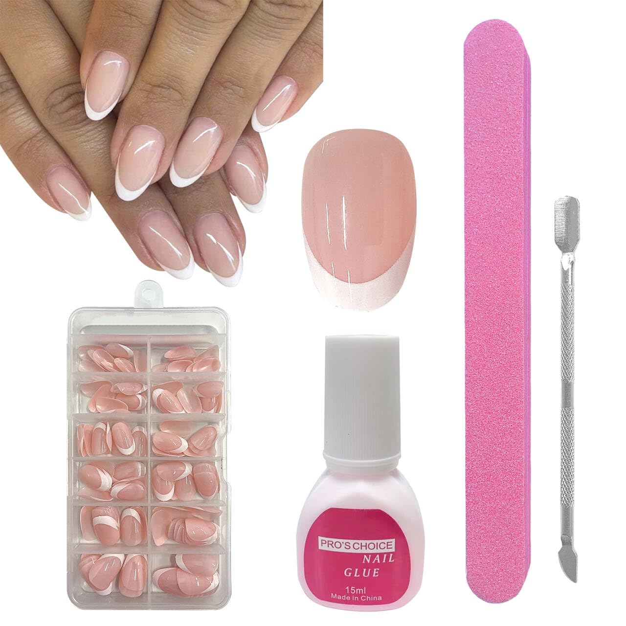 ZAHRVIA French False Nails -Press On Nails Short Round - Fake Nail White Tip French False Nail Kit - Full Cover Stick on Nail Art Manicure Decorations (Short Ellipses)