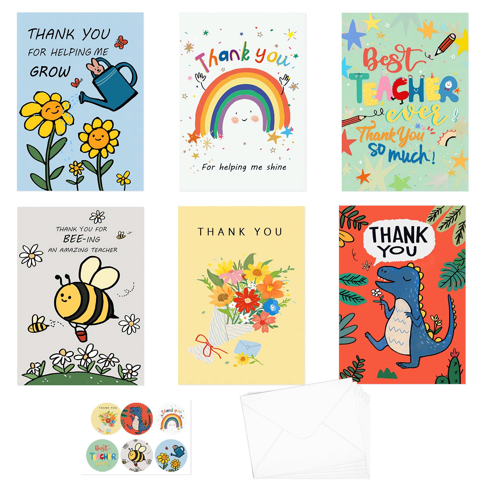 AhfuLife Teacher Thank You Cards Multipack, Non-foldable Thank You Teacher Greeting Postcards for Teaching Assistant Nursery, 6 Styles Teacher Cards with 6 Envelopes and 6 Stickers for Leaving Gift