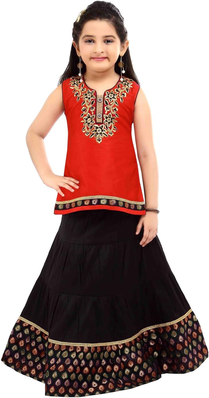ETHNICAL KIDS Girls' Indian Ethnic Wear Dupion And Netted Fabric Lehenga Choli Orange