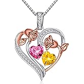 Iefil Birthstone Necklace for Women - 925 Sterling Silver Rose Heart Necklace, Birthstone Jewelry, Anniversary Birthday Gifts for Wife Girlfriend Mom Daughter
