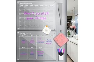 Aogwat Acrylic Magnetic Calendar for Fridge 2 Pack, Clear Calendar Dry Erase Board for Refrigerator, Monthly Weekly Planning Board, 6 Markers in 3 Colors, Magnetic Marker Holder(16"X12" Inches)