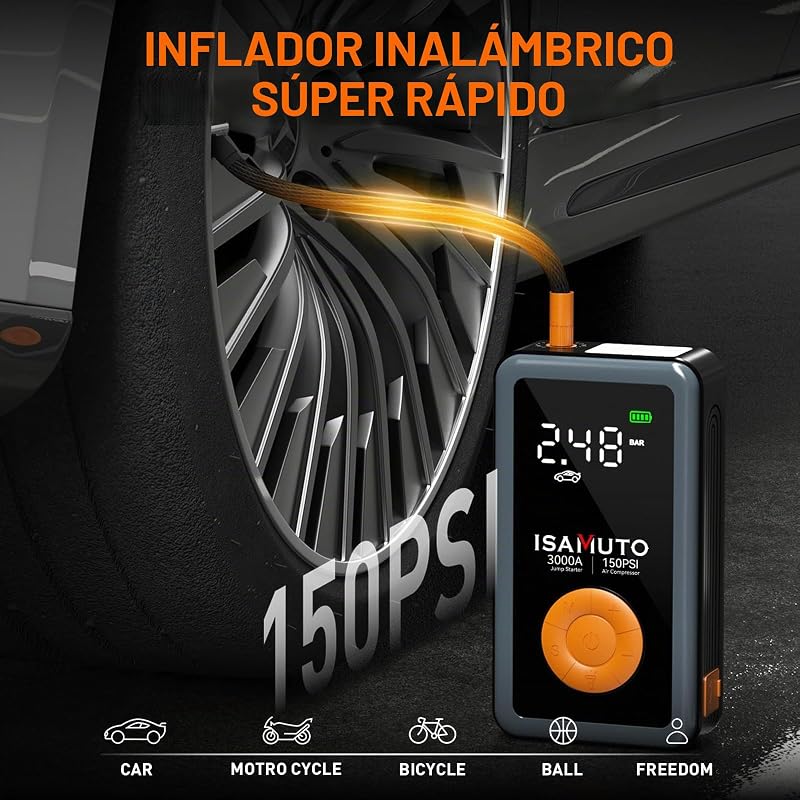 Motor de arranque 3000A com compressor de ar de 150 PSI, reforço de bateria de 12V para motores a gasolina de 7.0L e diesel de 6.0L, insuflador portátil com ecrã LCD e luz LED