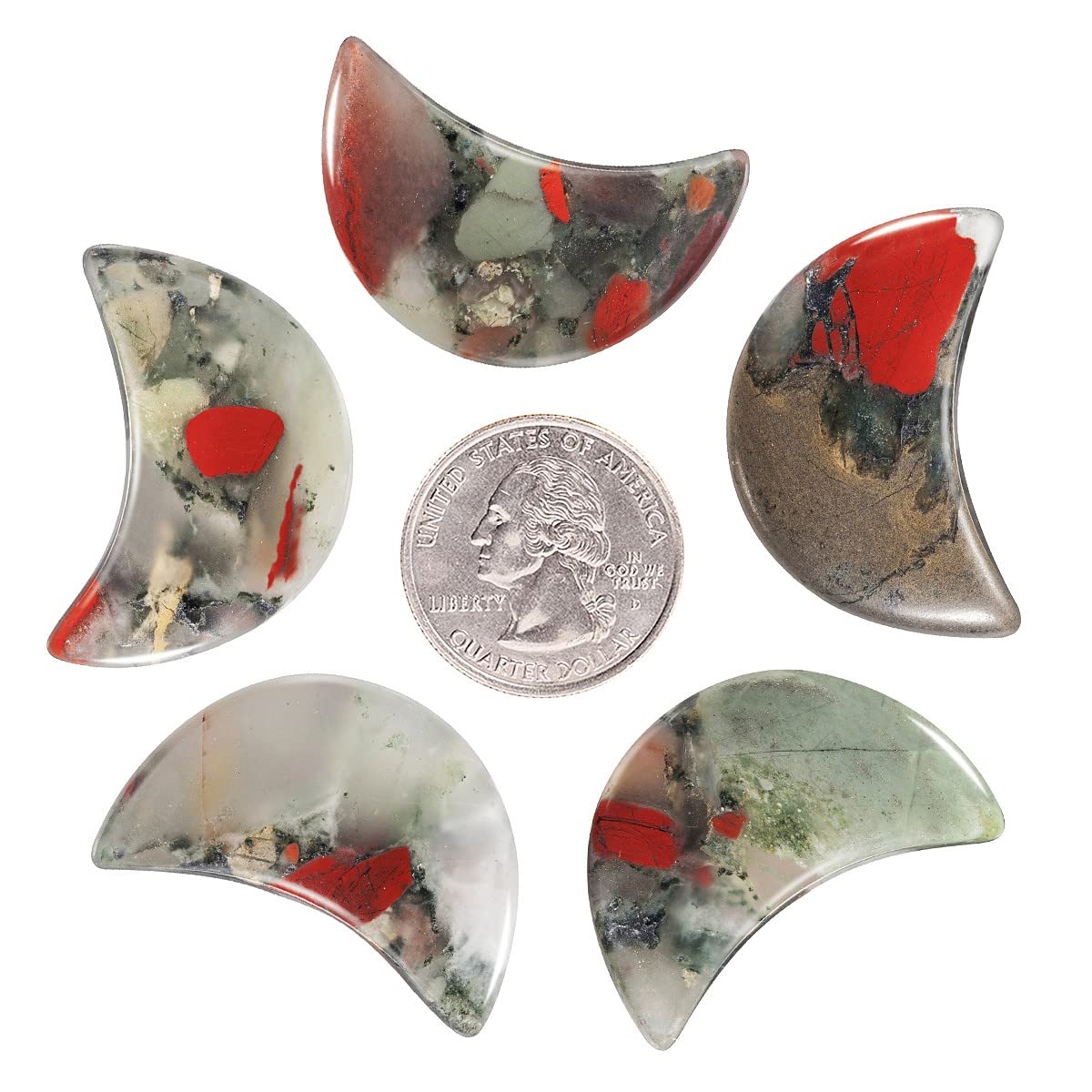 KYEYGWO 5pcs Hand Carved Half-Moon Palm Pocket Stones, Polished Crystal Stone Set for Home Office Decoration DIY or Jewelry Making, Africa Bloodstone