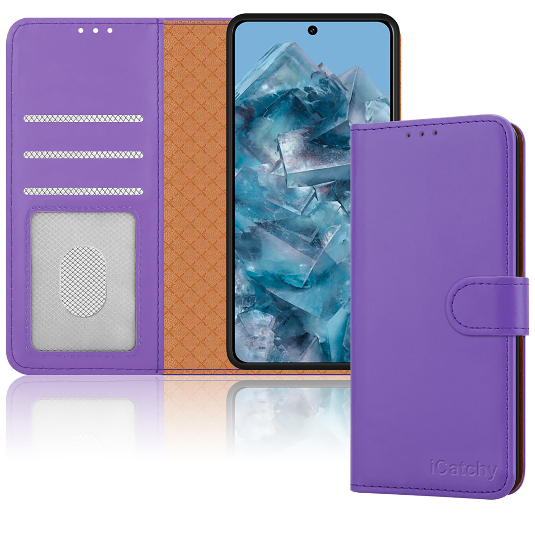 iCatchy for Google Pixel 8 Pro Case Leather Wallet Book Flip Folio Stand View Magnetic Protect RFID Blocking Cover Compatible with Pixel 8 Pro Phone (Lilac)