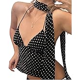 Y2k Polka Dot Tank Top for Women Spaghetti Strap V Neck Halter Crop Top Coquette Backless Cami Scarf Top