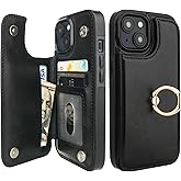 ONETOP for iPhone 15 Wallet Case with Card Holder, 360° Rotation Ring Kickstand RFID Blocking PU Leather Double Magnetic Clasp Shockproof Cover for Women and Girls 6.1 Inch (Black)
