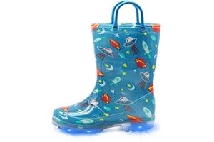 EUXTERPA Toddler Kids Waterproof Light Up Rain Boots Patterns and Glitter Boots with Handles for Boys Girls