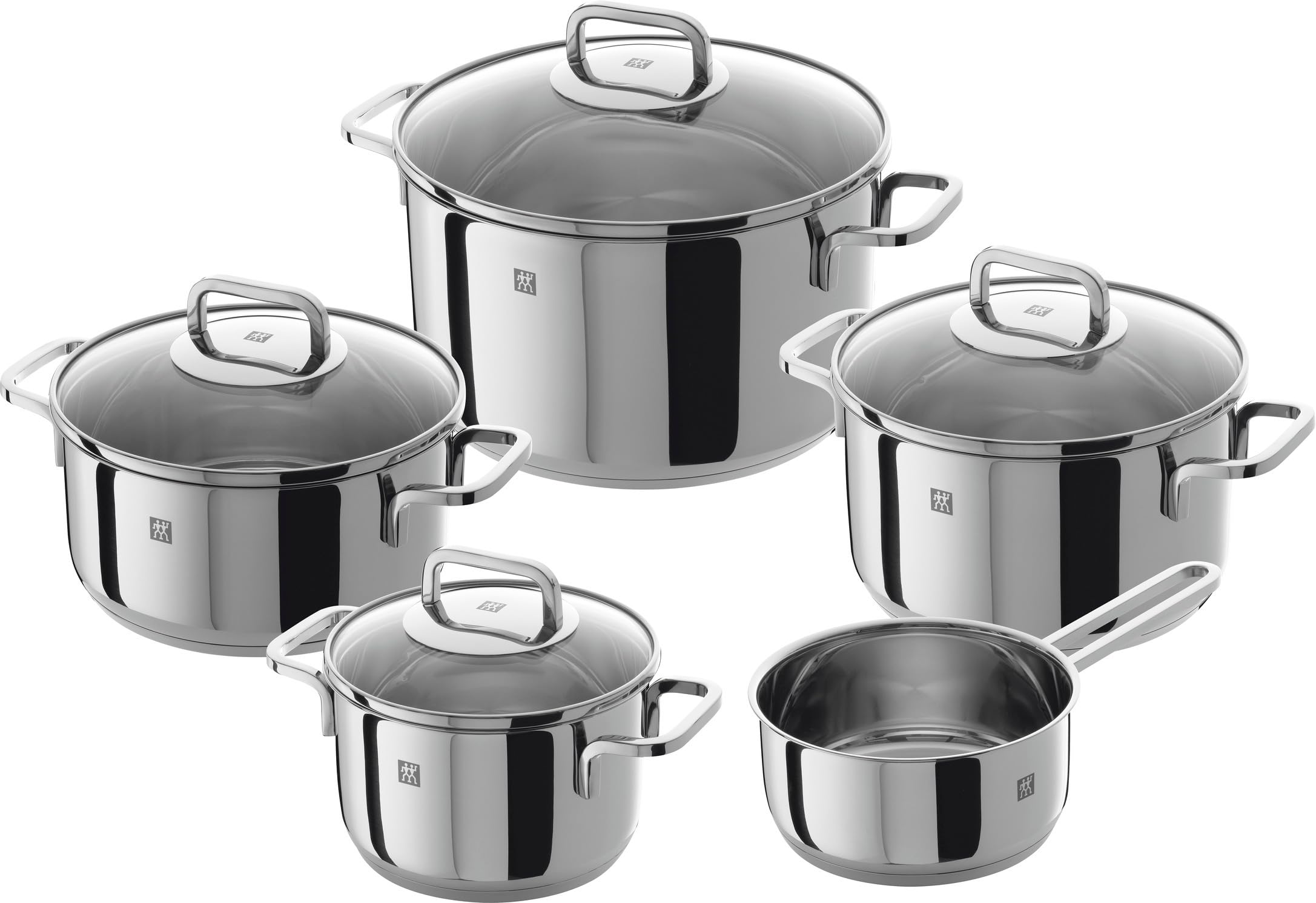 ZWILLING Quadro Kochtopf-Set 5-teilig mit Glasdeckel, Induktionsgeeignet, Unbeschichtet, Edelstahl, Silber