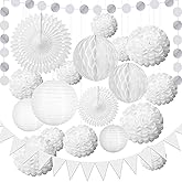 NAJIKA Hanging Paper Lanterns Party Decorations Kit - 20PC White Chinese - Japanese Style Lanterns with Pom Poms & Honeycomb Balls for Wedding, Birthday, Christmas, Home Decor