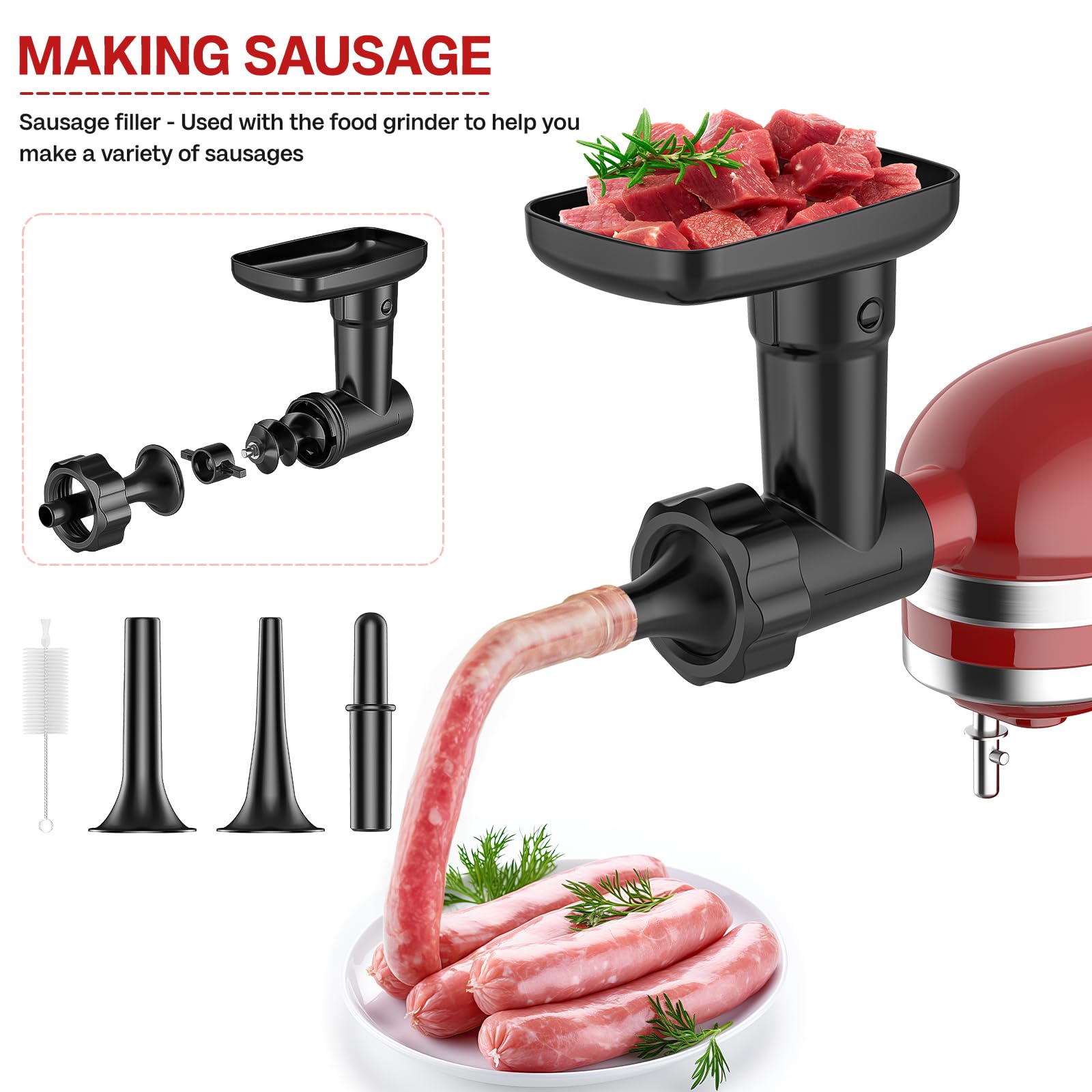 Meat Grinder for Kitchenaid Mixer, Fruit and Vegetable Attachment Strainer for Kitchenaid, Includes Meat Grinder, Strainer Attachment and Sausage Stuffer Tubes for Kitchenaid Mixer Attachments, Black