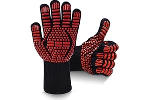 BBQ Gloves, Dakiwin Heat Resistant BBQ Gloves(1472°F), Silicone Non-Slip Grill Oven Gloves Heat Proof for Men/Women, Oven Mitts with Fingers for Kitchen Cooking,Grilling