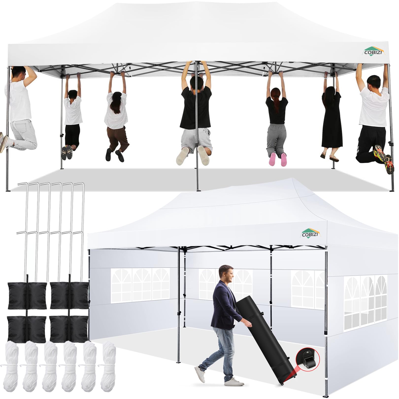 Photo 1 of *** USED / MISSING PARTS / UNTESTED ** COBIZI 10x20 Pop up Canopy Tent with 6 Sidewalls, Waterproof Heavy Duty Commercial Canopy for Parties, Outdoor Tent, Garden Gazebo, Carry Bag with Wheel (10x20ft, White)