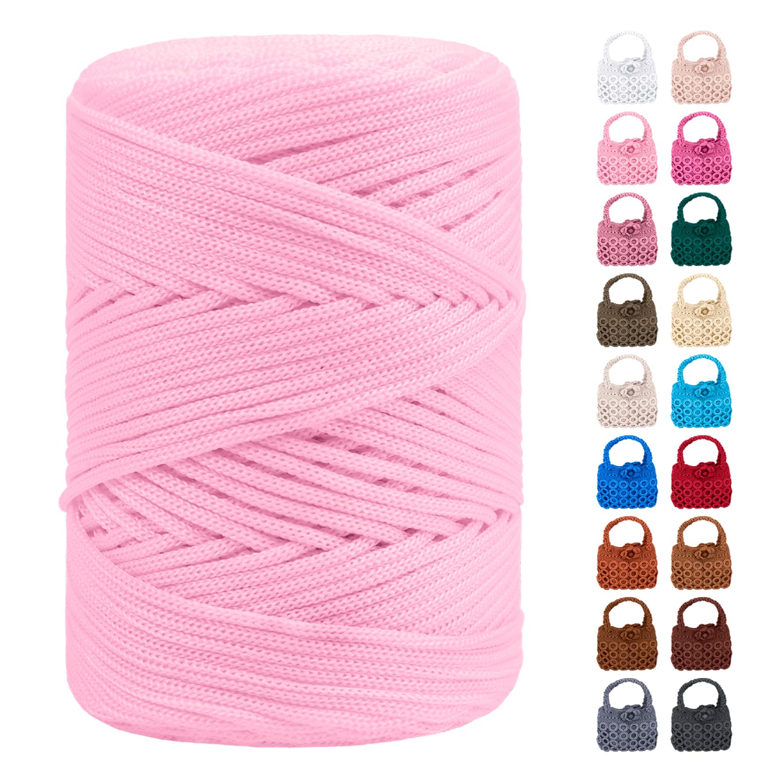 LEREATI Polyester Macrame Cord 3mm for Crocheting, 170m Braided Macrame Rope Polypropylene Crochet Bag Cord, Polyester Yarn for Basket Bags DIY Crafts Home Decoration (Light Pink)