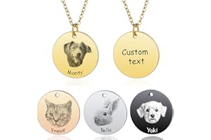MeMeDIY Personalized Pet Portrait Necklace Customized Round Disc Photo Text Engraved Necklace Dog Cat Name Pet Sketch Necklac