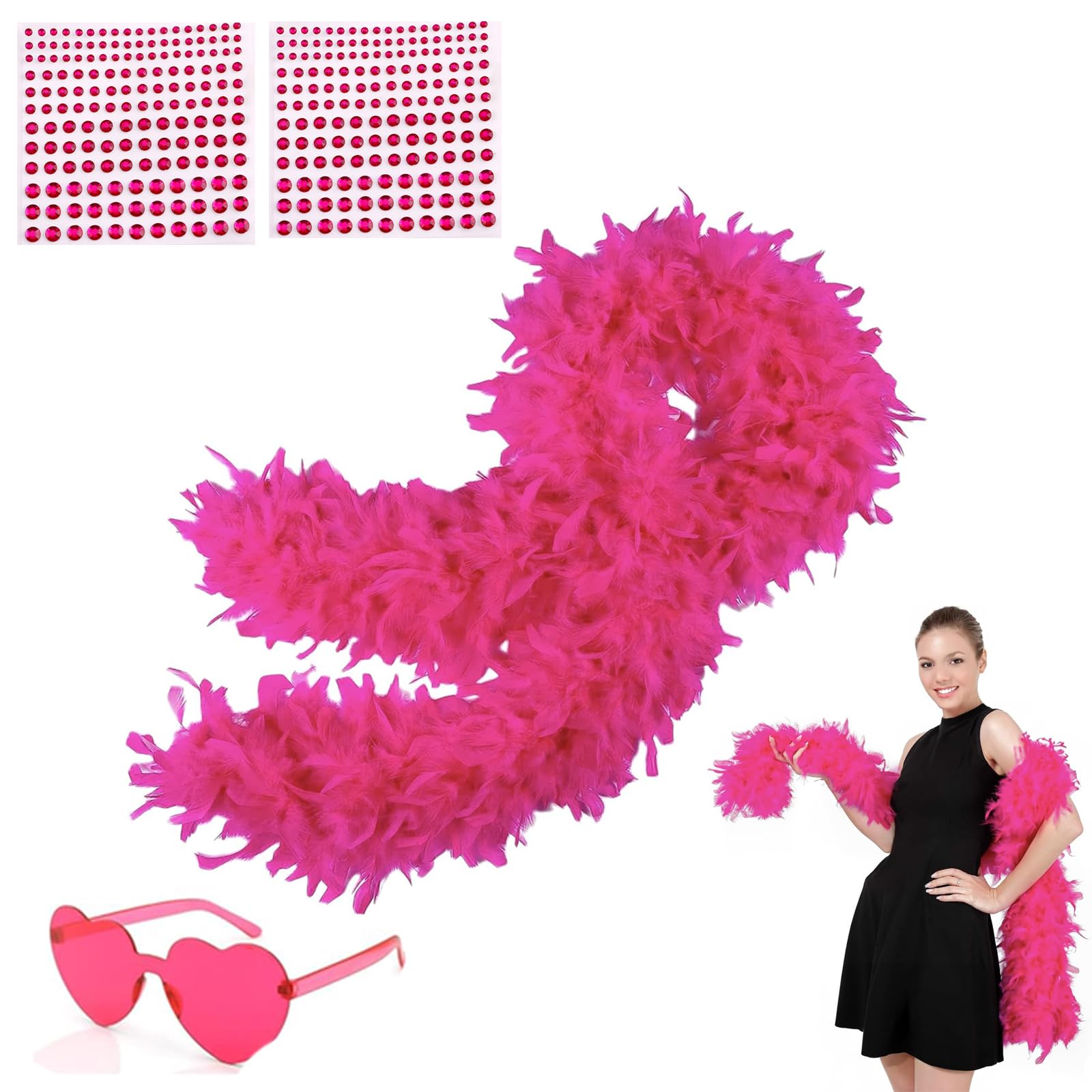 4Pcs Abba Accessories, 2m/6.6ft Natural Pink Feather Boa, Feather Boa, Feather Boas Multipack, Boas, Pink Boa, Heart Shaped Frameless Sunglasses, Suitable For Dancing, Wedding Parties, Role-Playing