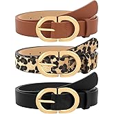 BAHABY 3 Pack Leather Belts for Women Jeans Dresses Pants Waist Belt Womens Black Brown Leopard Belt with Gold Buckle
