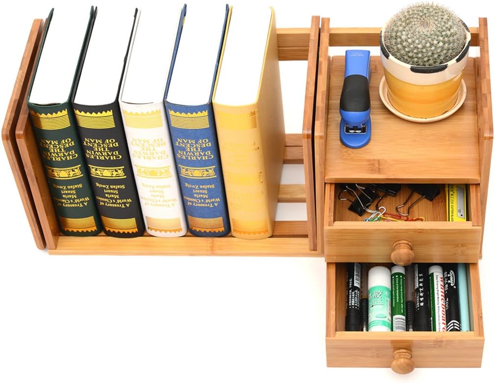 Bamboo Desk Organizer Expandable and Adjustable Bookshelf with 2 Drawers for Office/Home