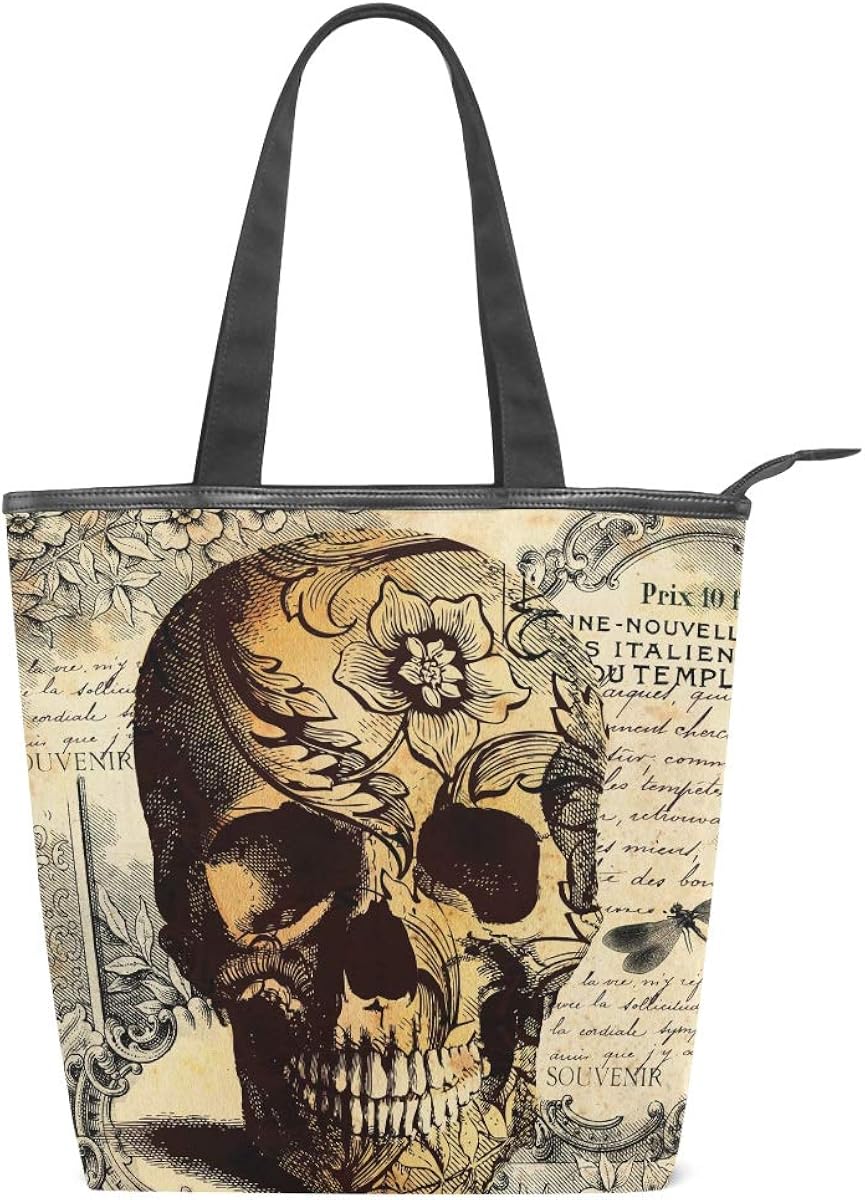 Mnsruu Large Canvas Handbag Beach Tote Bag,Travel Shopping Shoulder Bag,Retro Skull Flower Letter Summer Holiday Handbag for Women Lady Girl
