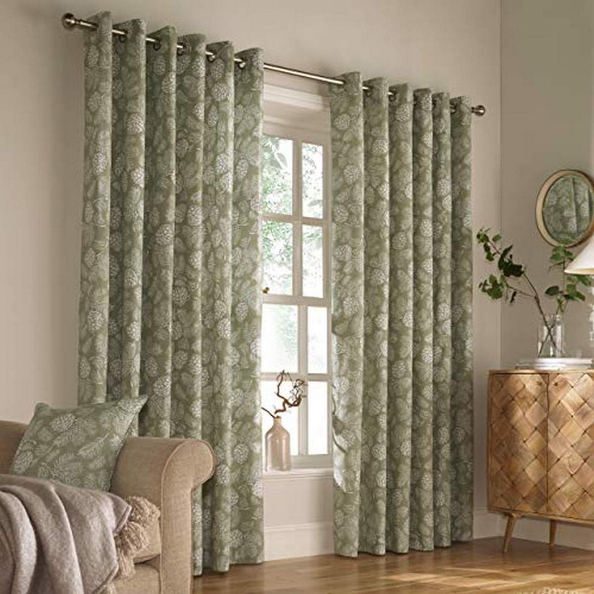 Furn Irwin Ringtop Eyelet Curtains (Pair) -Ready Made-Polycotton-Sage-229cm x 183cm (90" x 72" inches), Cotton, Sage, 90x72 (229x183cm)