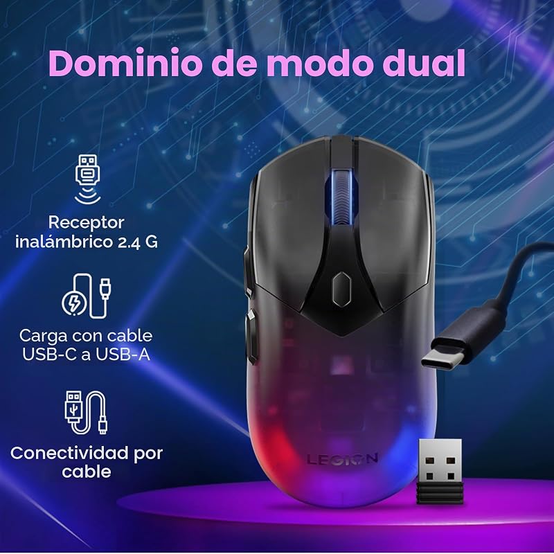 Legion M410 - Ratón Gaming Inalámbrico RGB (6 Botones, Luz RGB de 2 Zonas, 16.000 dpi, 400 IPS, Batería Recargable de 53 Horas, Compatible con NVIDIA Reflex) - Negro Transparente