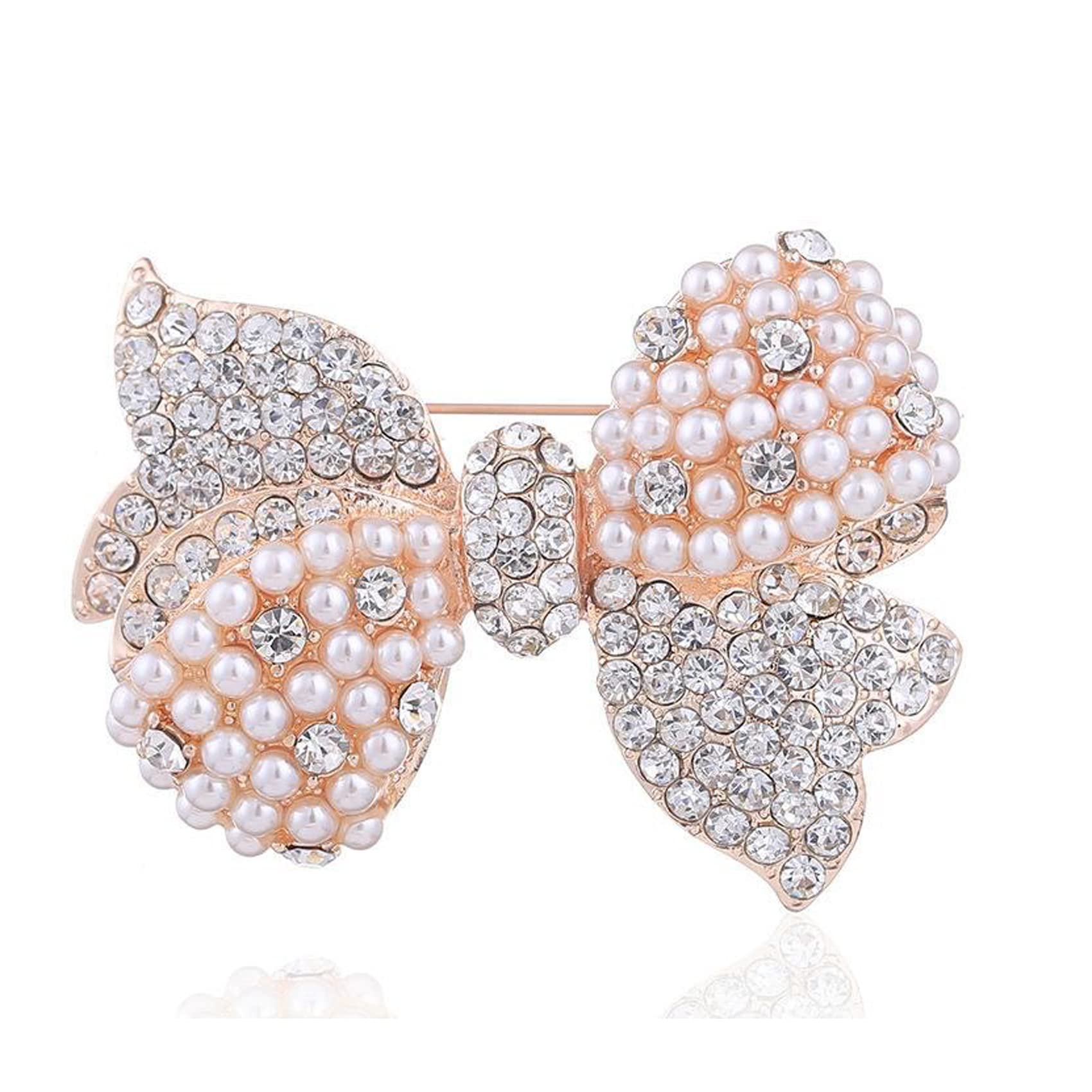Pearl Bowknot Rhinestone Wedding Brooch，Christmas Gift Pearl Bow Bowtie Brooch Corsage Coat Collar Pin Breastpins Women Clothing Accessories Jewelry For Bride Girl