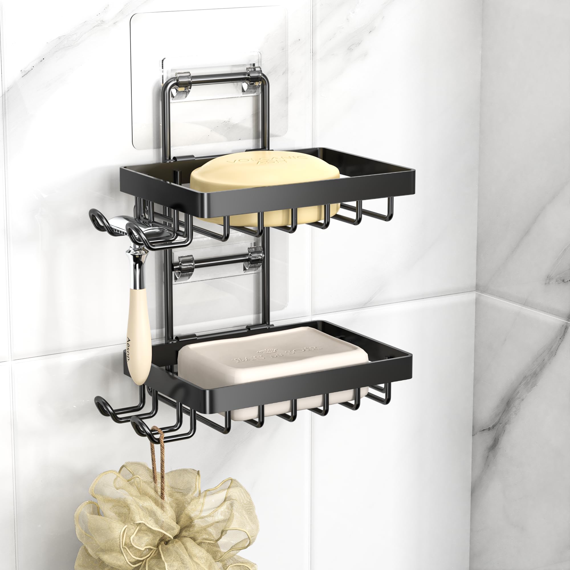 Photo 1 of Moforoco Double Soap Bar Holder for Shower, No Drilling, 304 Stainless Steel, Wall Mounted Soap Holder with 4 Hooks and Razor Holder, Shower Rack Soap Tray Bar Soap for Bathroom Accessories Organizer