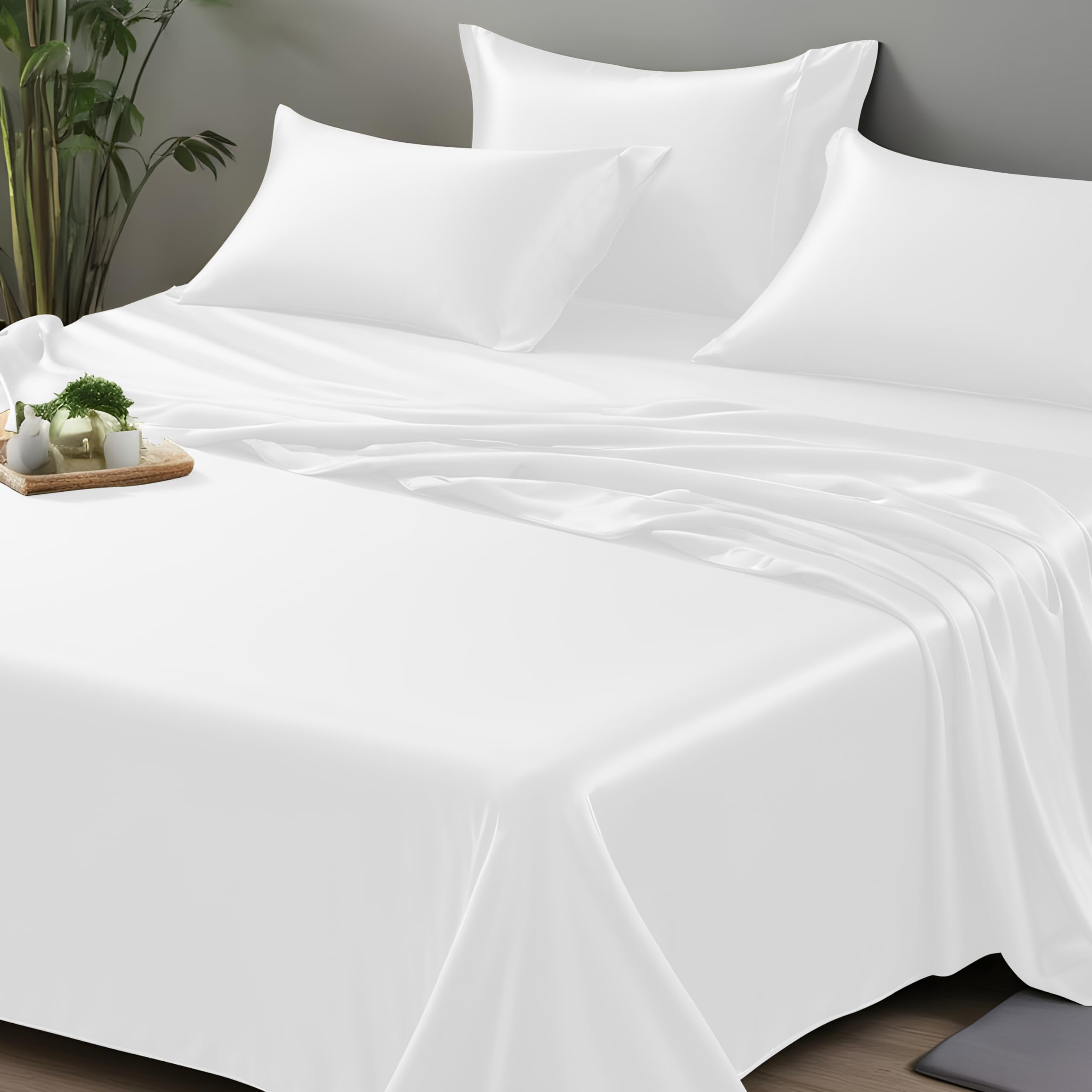 LINENWALAS Super King Flat Sheet Only 100% Organic Bamboo Flat Sheet for Superking Size Bed, Soft Luxury Cooling Top Bed Sheet Bedding Perfect for Skincare (Super King, White)