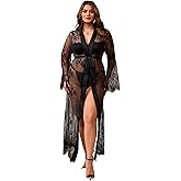 ohyeah Sexy Lace Robe for Women Bridal Lingerie Plus Size Long Sheer Gown Lace Kimono Robe Cover Up Lingerie S-XXL
