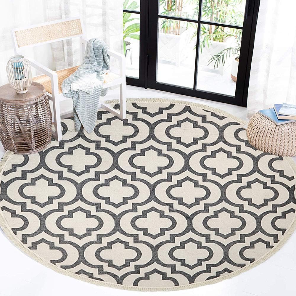HEBE 4 Ft Cotton Area Rug Round Machine Washable Cotton Rug Round with